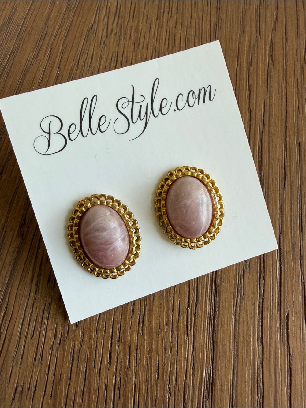 BelleStyle Pink Stone Gold-Trim Oval Stud Earrings